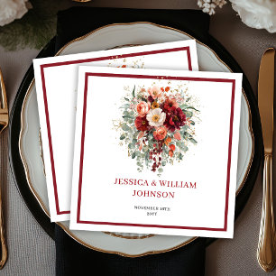 Autumn Bohemian Burgundy Flowers Greenery Wedding Napkin