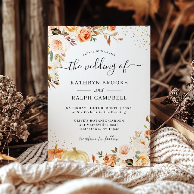Autumn Bohemian Floral Gold Confetti Fall Wedding Invitation (Creator Uploaded)
