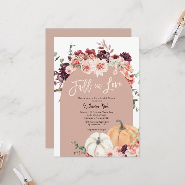 Autumn Bohemian Modern Arch Fall in Love Invitation (Front/Back In Situ)