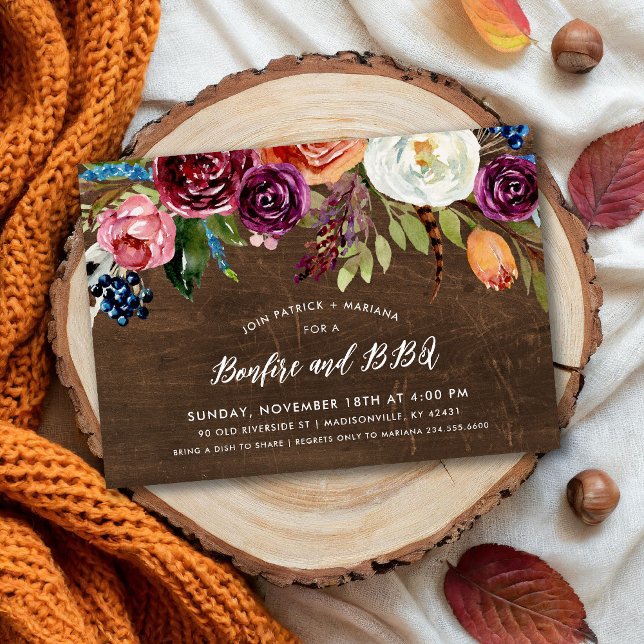 Autumn Boho Blooms Bonfire BBQ Party Invitation (Creator Uploaded)