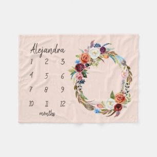 Autumn Boho Blooms Monogram Baby Milestone Photo Fleece Blanket