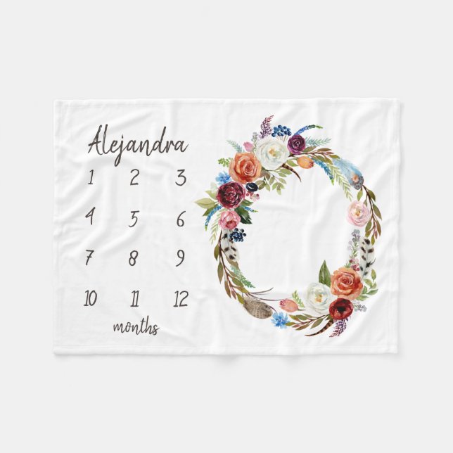Autumn Boho Blooms Monogram Baby Milestone Photo Fleece Blanket (Front (Horizontal))