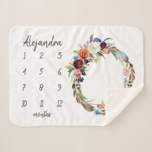 Autumn Boho Blooms Monogram Baby Milestone Photo Sherpa Blanket