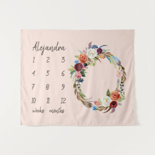 Autumn Boho Blooms Monogram Baby Milestone Photo Tapestry