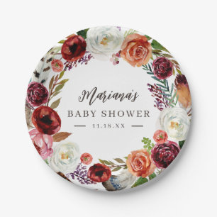 Autumn Boho Blooms Personalised Baby Shower Paper Plate