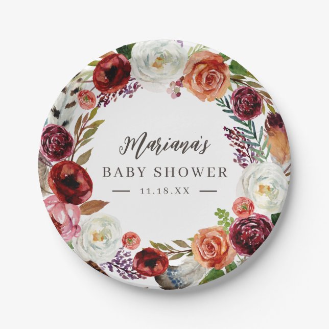 Autumn Boho Blooms Personalised Baby Shower Paper Plate (Front)