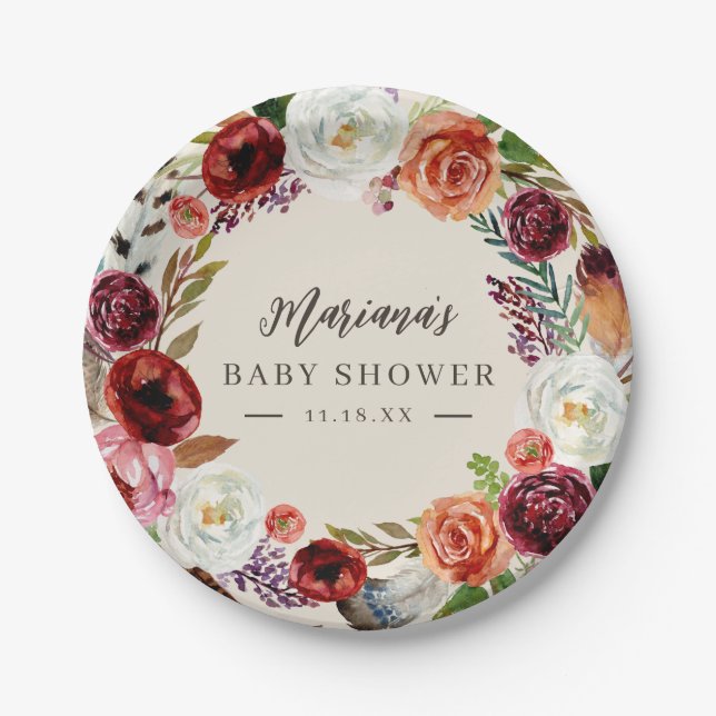 Autumn Boho Blooms Personalised Baby Shower Paper Plate (Front)