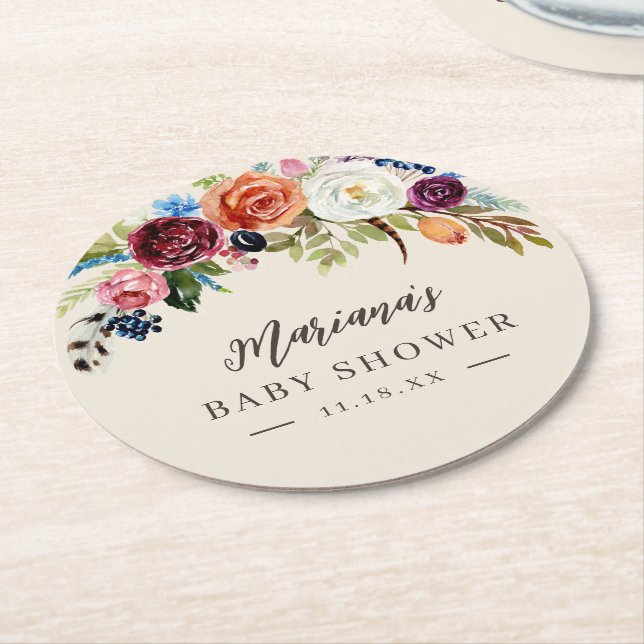 Autumn Boho Blooms Personalised Baby Shower Round Paper Coaster (Angled)
