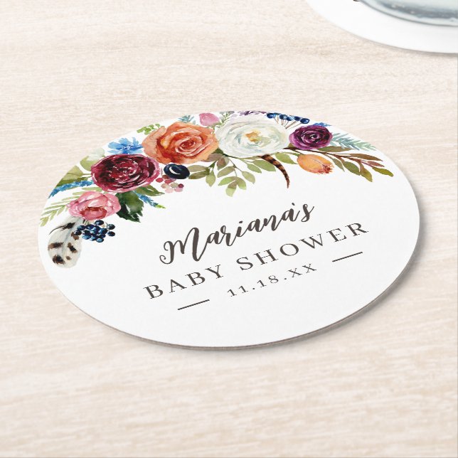 Autumn Boho Blooms Personalised Baby Shower Round Paper Coaster (Angled)
