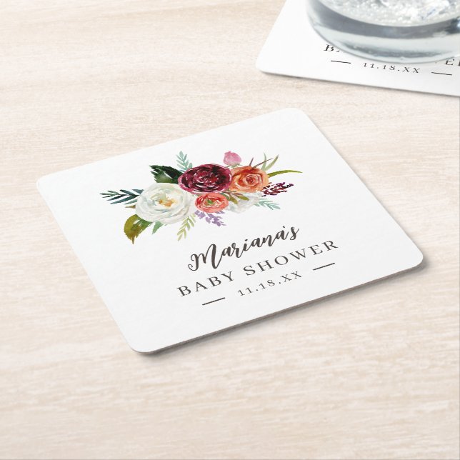 Autumn Boho Blooms Personalised Baby Shower Square Paper Coaster (Angled)
