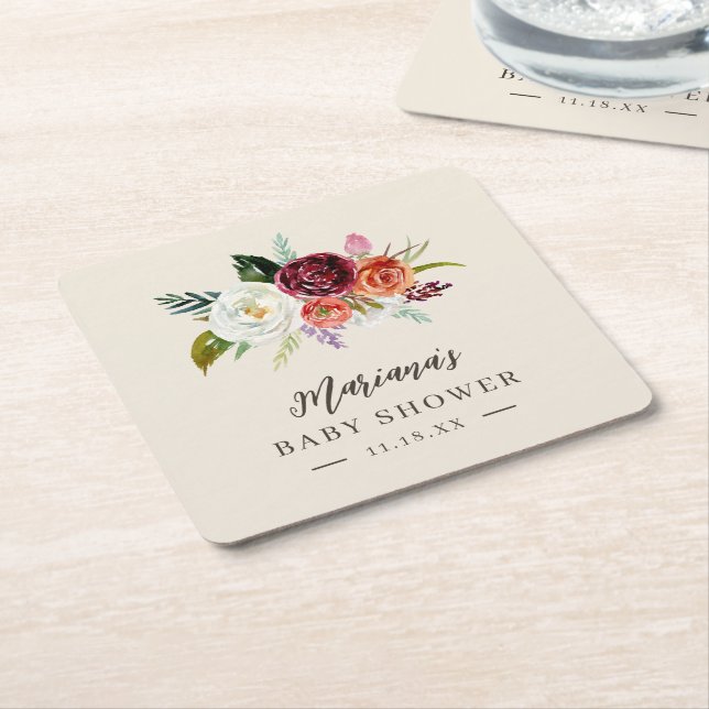 Autumn Boho Blooms Personalised Baby Shower Square Paper Coaster (Angled)