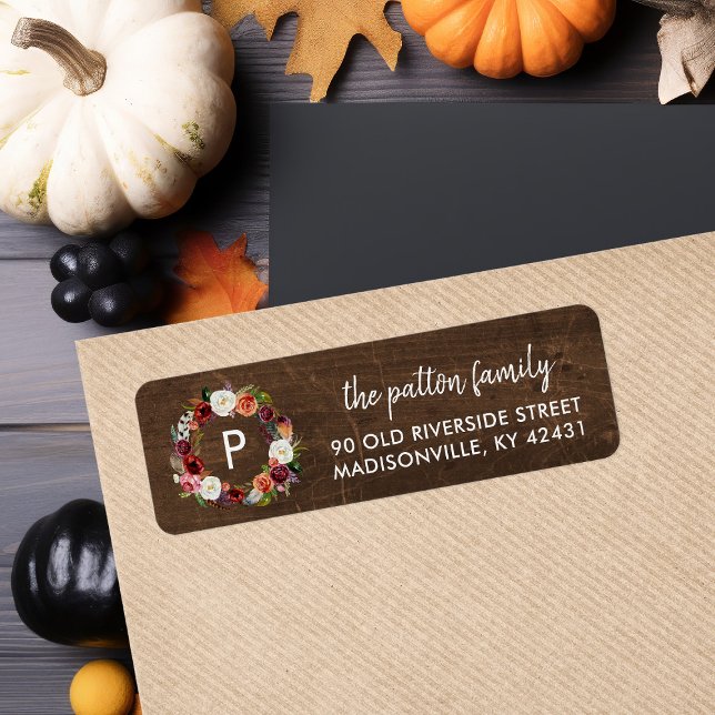 Autumn Boho Blooms Wreath Monogram Return Address (Creator Uploaded)