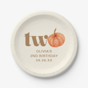 Autumn Boho Fall Watercolor Pumpkin 2nd Birthday Paper Plate