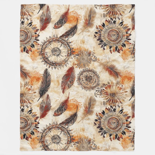 Autumn Boho Feathers Fleece Blanket (Front)