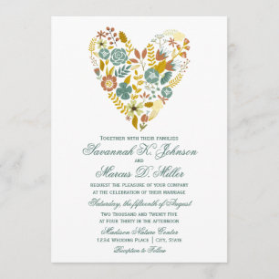 Autumn Boho Floral Heart Fall Wedding Invitations