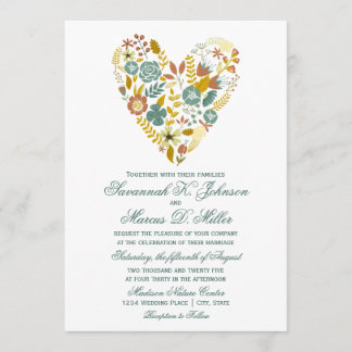Autumn Boho Floral Heart Fall Wedding Invitations