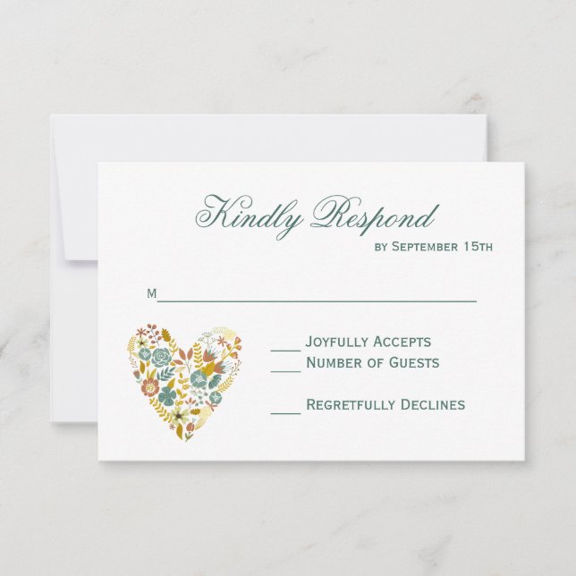 Autumn Boho Floral Heart Fall Wedding RSVP Cards (Front)