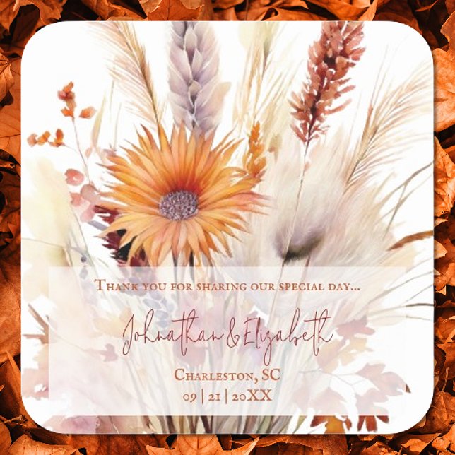 Autumn Boho Floral Wedding Favour | White Square Sticker (Autumn Boho Floral White Wedding Favor Stickers)