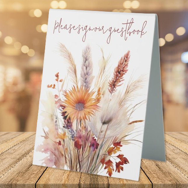 Autumn Boho Floral Wedding | White (Autumn Boho Floral White Wedding Table Tent Sign)