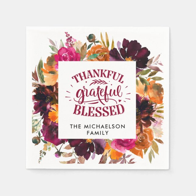 Autumn Boho Personalised Floral Thanksgiving Napkin (Front)