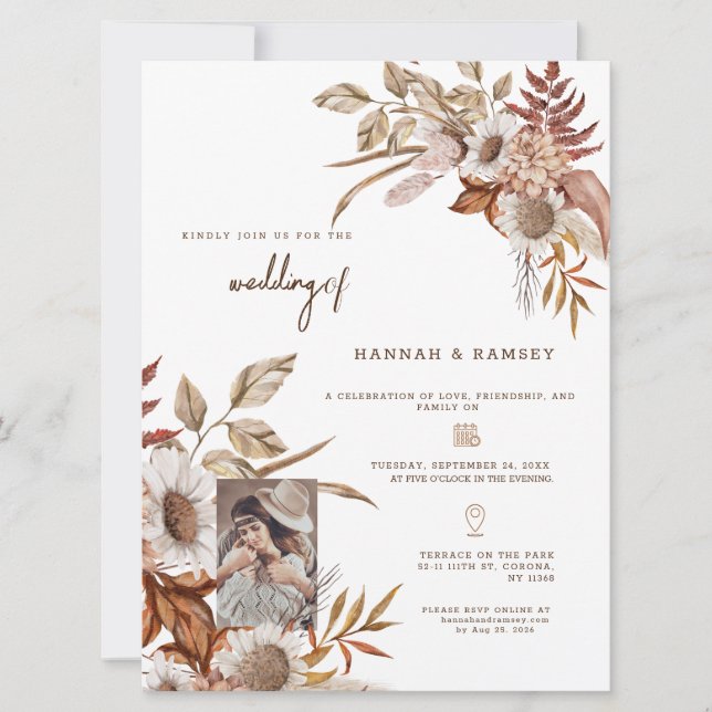  Autumn Boho Photo Wedding Invitation. Invitation (Front)