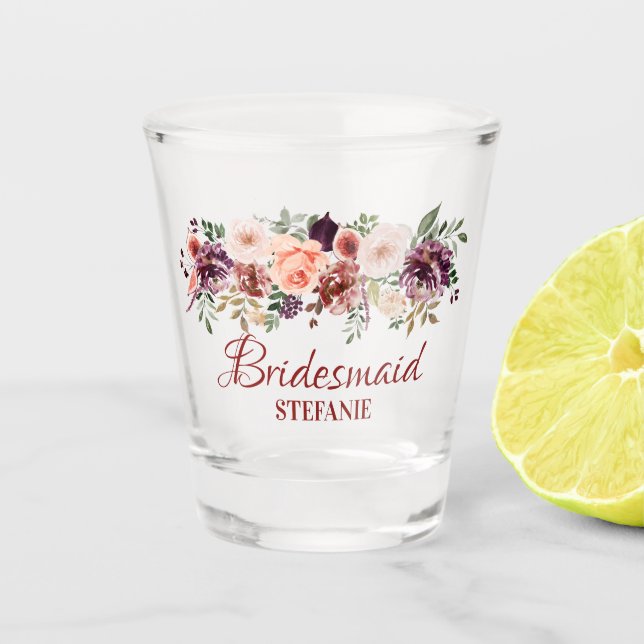 Autumn Boho Rustic Watercolor Flowers Bridesmaid Shot Glass (Front)