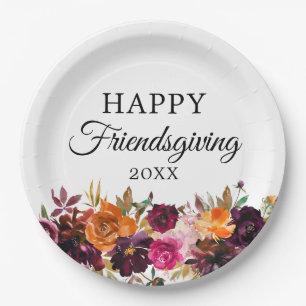 Autumn Boho Watercolor Floral Friendsgiving Paper Plate