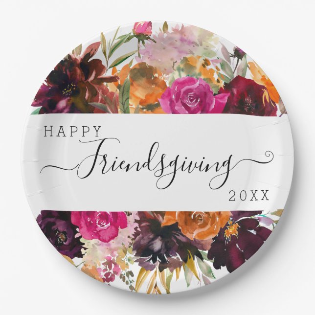 Autumn Boho Watercolor Floral Friendsgiving Paper Plate (Front)