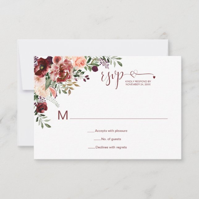 Autumn Boho Watercolor Floral Heart Script RSVP Card (Front)