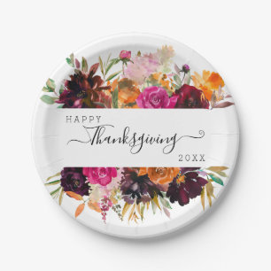 Autumn Boho Watercolor Floral Thanksgiving Paper Plate