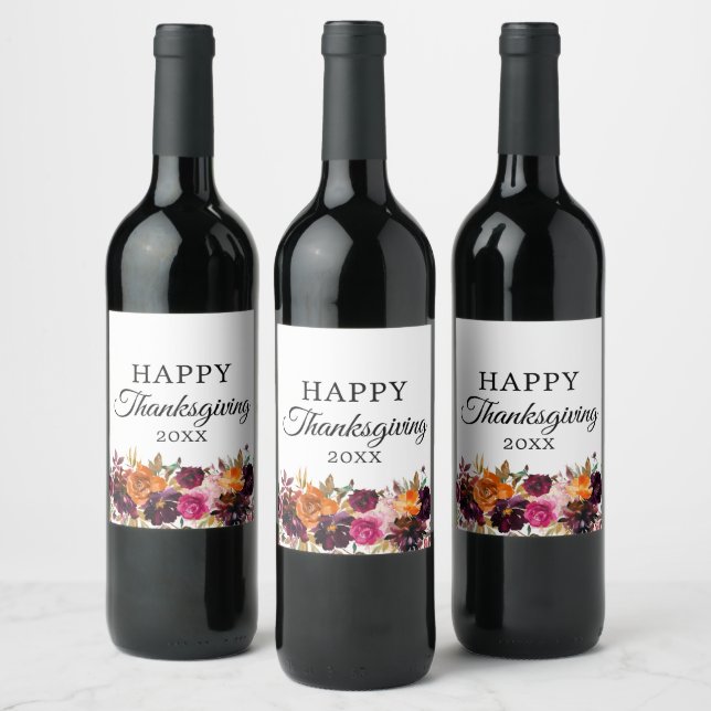 Autumn Boho Watercolor Floral Thanksgiving Wine Label (Bottles)