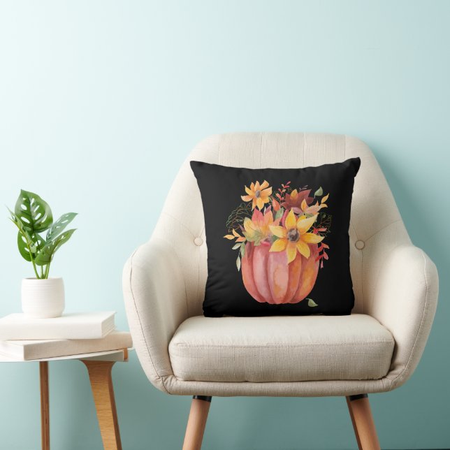 Autumn Boho Watercolor Pumpkin Fall Black Cushion (Chair)