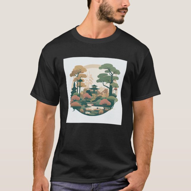 Autumn Bonsai Trees Garden Shrine Pond Japanese St T-Shirt (Front)