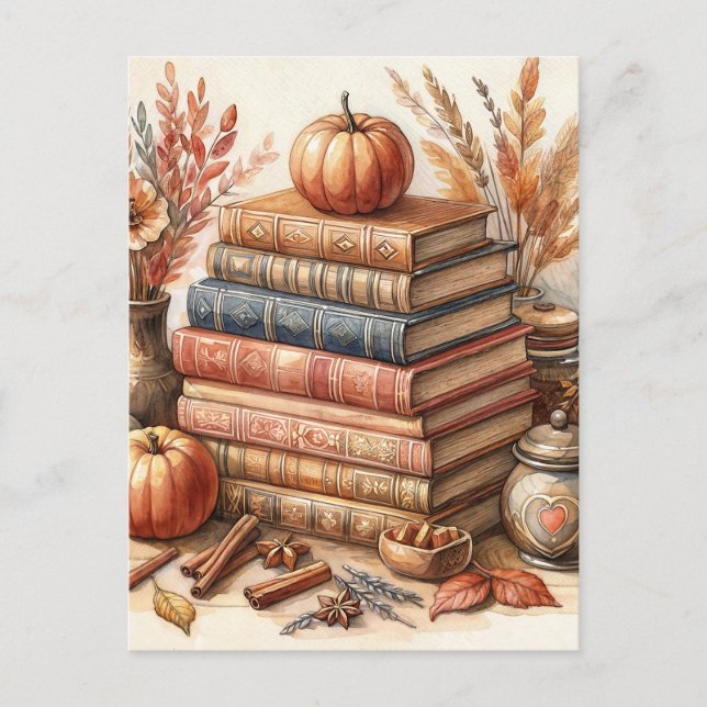 Autumn Books and Pumpkins Postcard (Front)
