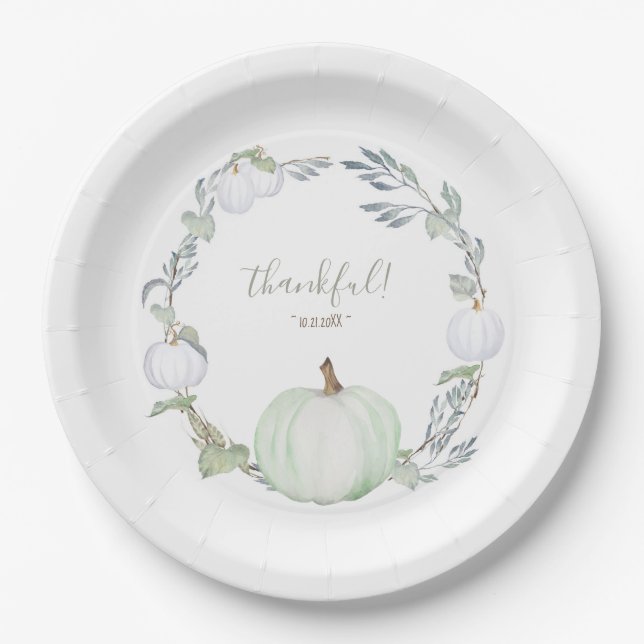 Autumn Botanical Gree & White Pumpkin Thanksgiving Paper Plate (Front)