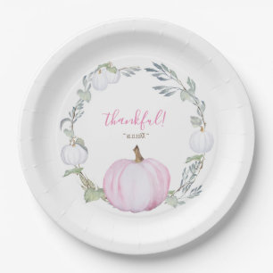 Autumn Botanical Pink & White Pumpkin Thanksgiving Paper Plate