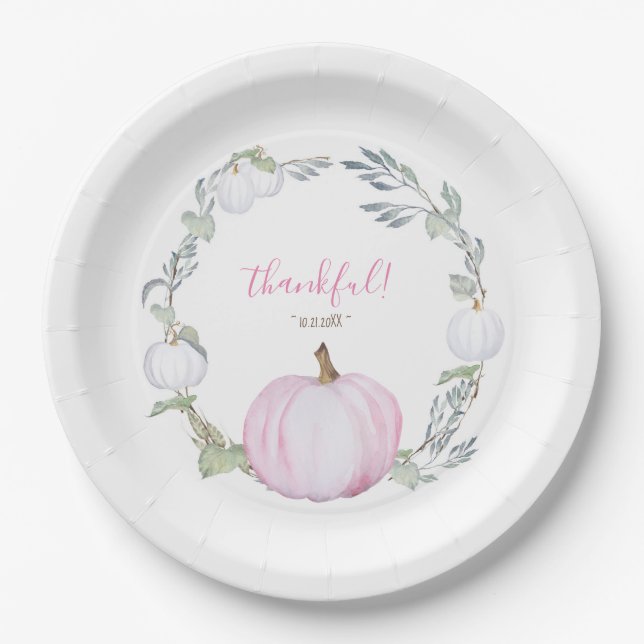 Autumn Botanical Pink & White Pumpkin Thanksgiving Paper Plate (Front)