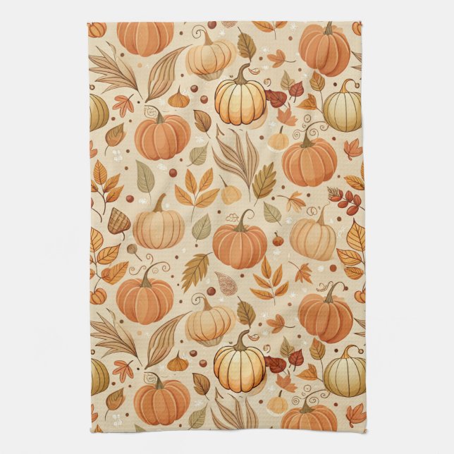 Autumn Botanical Pumpkin Vine Pattern Tea Towel (Vertical)