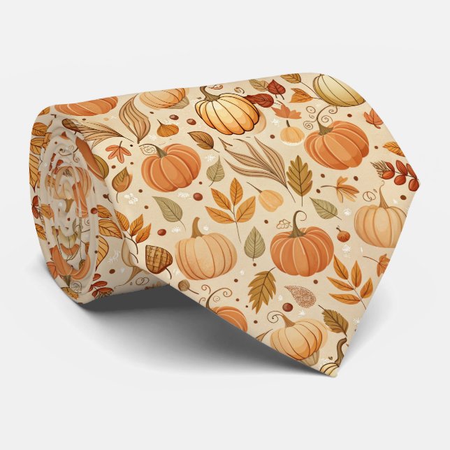 Autumn Botanical Pumpkin Vine Pattern Tie (Rolled)