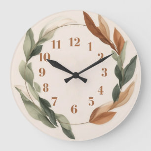 Autumn Botanical Wall Clock with Earthy Leaves