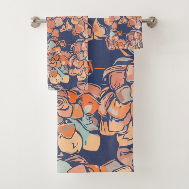 Autumn Botanicals in Earthy Neutrals and Navy Bath Towel Set (Insitu)