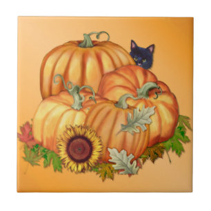 Autumn Bounty Pumpkins Cat Tile