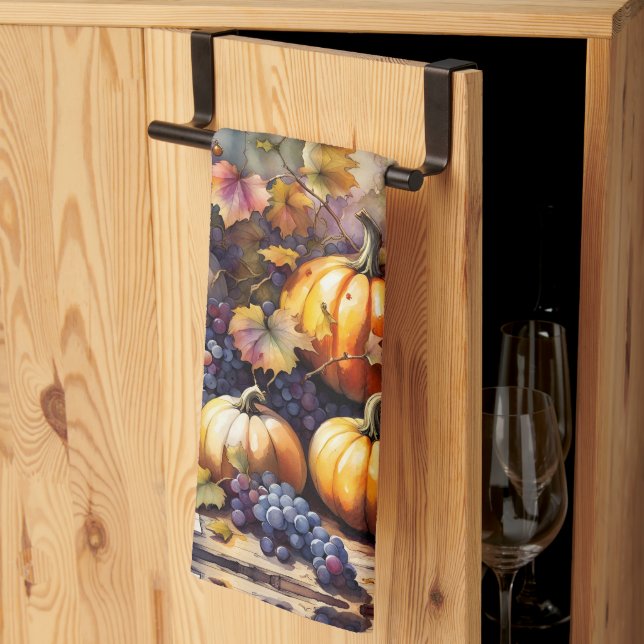 Autumn Bounty, pumpkins, Grapes honey Tea Towel (Thirds Fold)