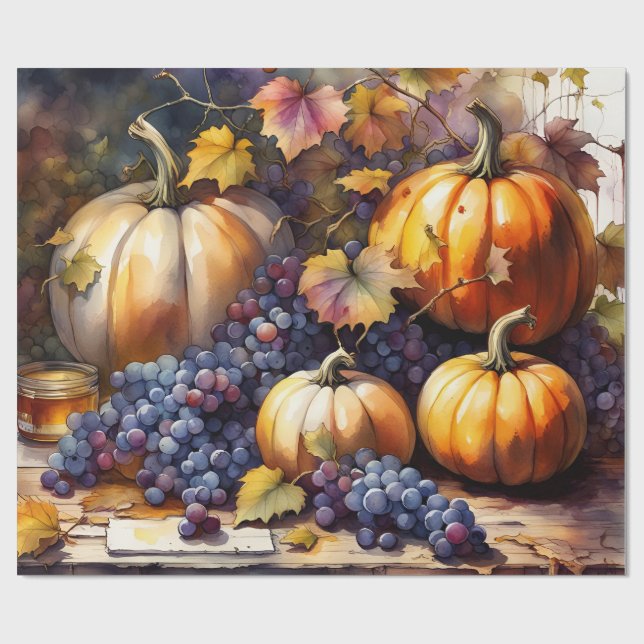Autumn Bounty, pumpkins, Grapes honey Wrapping Paper (Flat)
