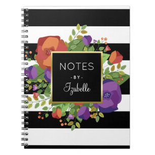 Autumn Bouquet & Chic Stripes Custom Name Notebook