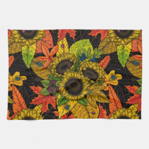 Autumn bouquet on black tea towel
