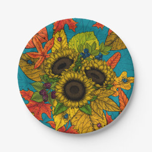 Autumn bouquet on blue paper plate