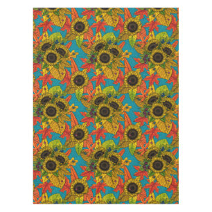Autumn bouquet on blue tablecloth