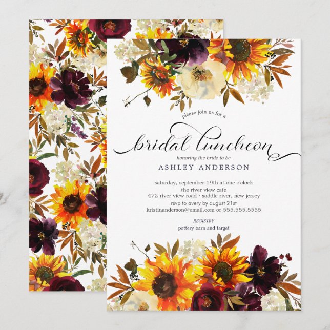 Autumn Bouquet Sunflowers Floral Bridal Luncheon Invitation (Front/Back)