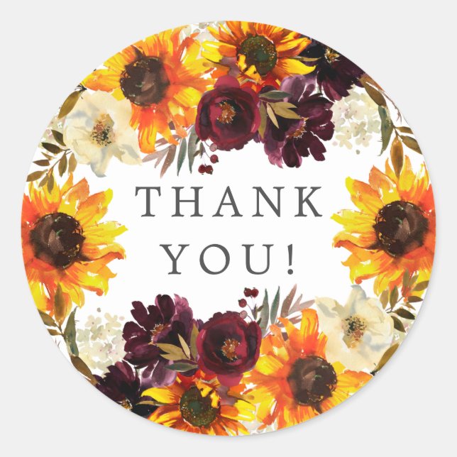 Autumn Bouquet Sunflowers Floral Bridal Shower Classic Round Sticker (Front)